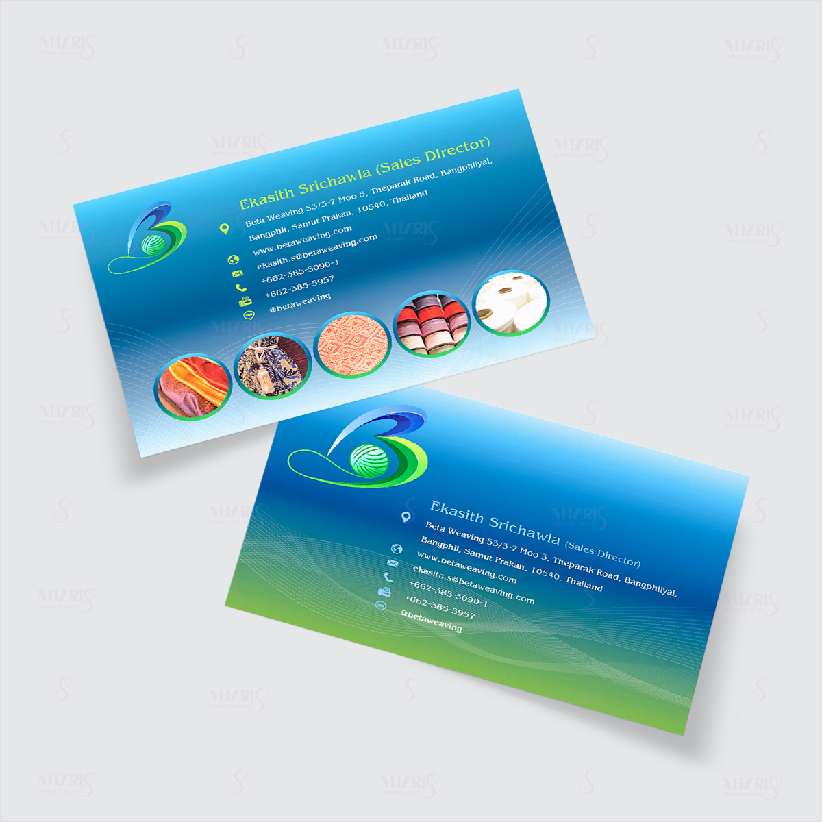 ตัวอย่างนามบัตรผู้บริหาร สีเขียวฟ้า มีอาร์ตออกแบบให้ beta weaving ทำนามบัตรโทร 0935958989